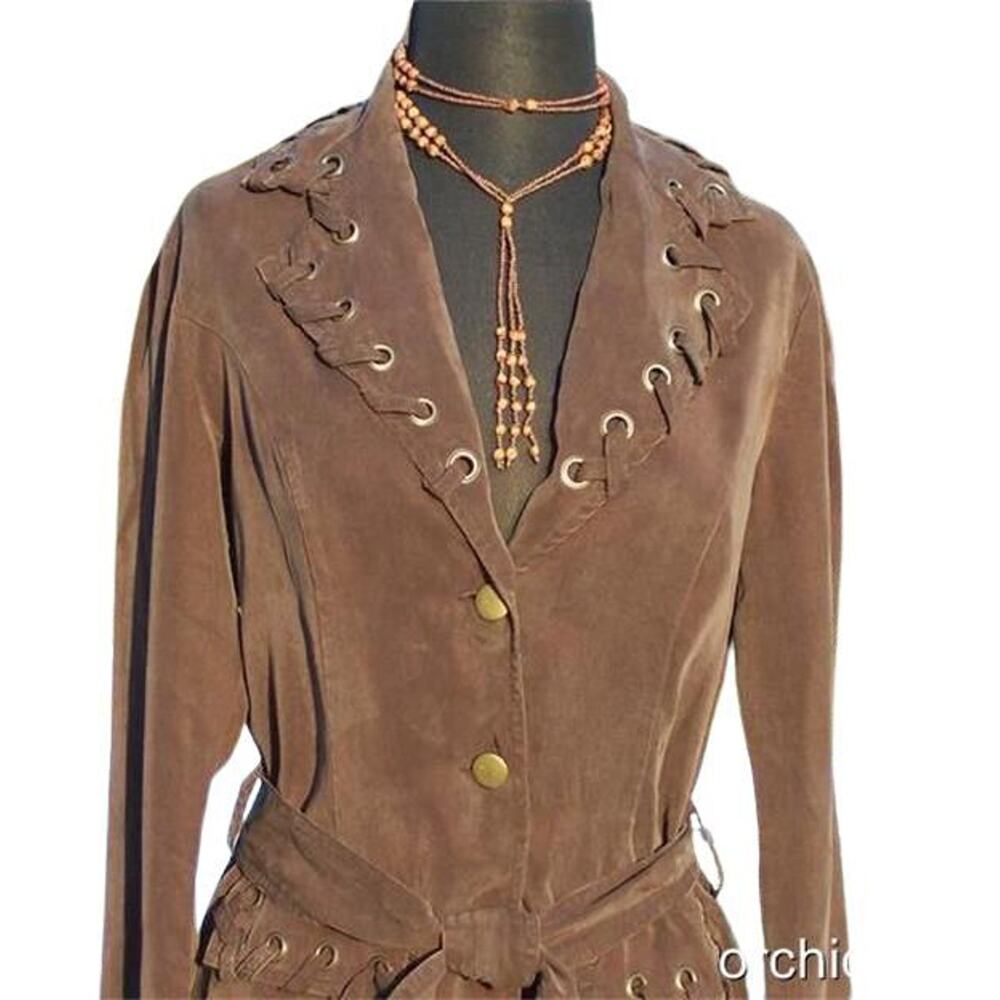 Cache Brown Whip Stitch Removable Self Belt Jacket Top New Stretch $138 NWT